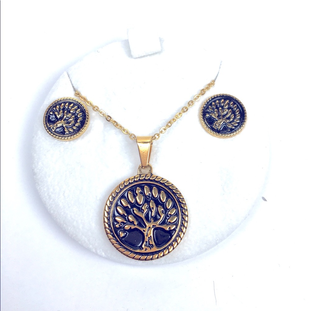 Tree of Life Necklace & Earrings Steel Gold Set
